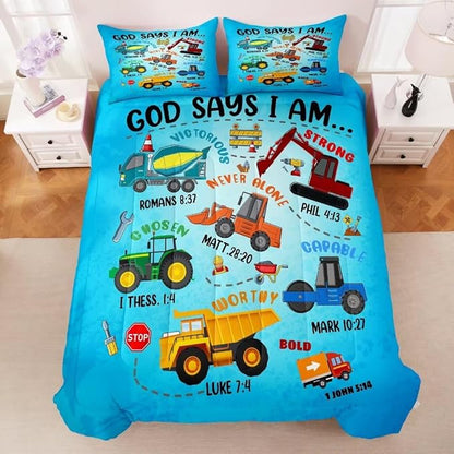 Boys Construction Vehicles Truck Comforter Set Twin,Christian Kids God Says I Am Construction Bedding Set,Car Excavator Tractor Bedroom Set（1 Comforter 2 Pillowcase） Blue