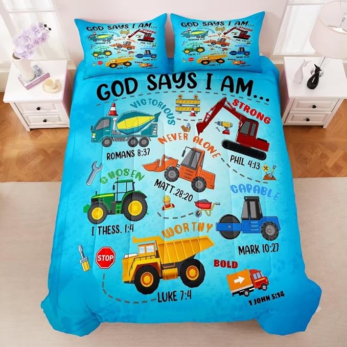Boys Construction Vehicles Truck Comforter Set Full,Christian Kids God Says I Am Construction Bedding Set,Car Excavator Tractor Bedroom Set（1 Comforter 2 Pillowcase） Blue