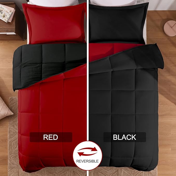 Basic Beyond Queen Comforter Set - Fluffy Comforter Queen Set for All Seasons - Reversible Red and Black Comforter Set Queen for Mens - 3 Pieces (1 Comforter + 2 Pillow Shams)