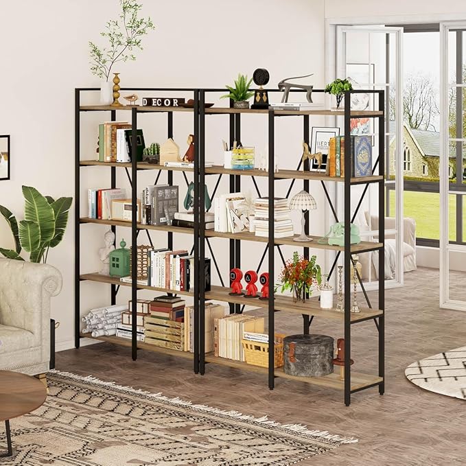BON AUGURE Industrial Bookshelves and Bookcases, 5 Tier Heavy Duty Etagere Shelving Unit, Farmhouse Rustic Wood Metal Book Shelves for Office, Living Room and Bedroom (Vintage Oak, 43.31 inch Wide)