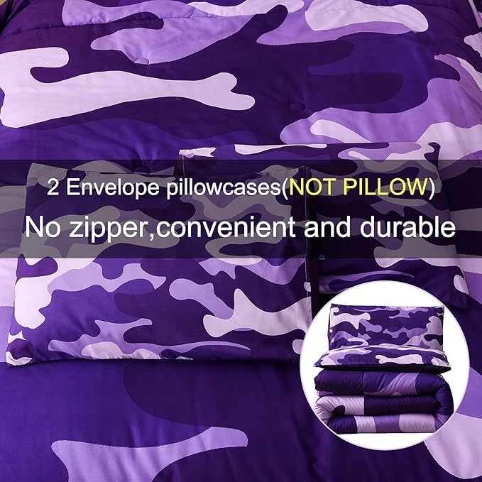 Meeting Story Camouflage Bedding Set, Purple Camouflage Comforter Set, 3 PCS One Comforter and Two Pillowcases, Lightweight Bedspread for Girls Teens Adults (Purple, Queen)