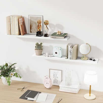 Floating Shelves for Wall, 40 Inch Floating Shelves for Home Decor, Wall Mounted Rustic Wood Shelves, Bathroom, Hanging Deep Shelf for Bedroom, Living Room, Kitchen (White, Set of 2)