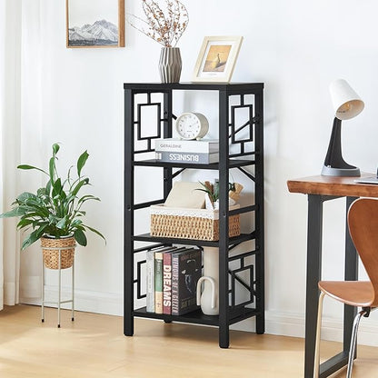 Bookshelf, Vintage Industrial 4 Tier Bookshelf, Freestanding Narrow Bookcase with Rustic Wood and Metal, Small Bookshelf for Home Office, Bedroom & Living Room, Black