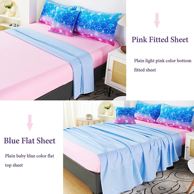URBONUR 6Pcs Mermaid Comforter Set Queen for Girls Glitter Fish Scales Printed Bedding Set on Gradient Pink Purple Blue Soft & Fluffy Girls Bed Set with Sheets for Queen Bed