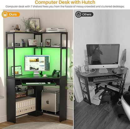 Cyclysio Small Corner Desk with Hutch, Heavy Duty Corner Computer Desk with Power Outlets & LED Light, Triangle Corner Gaming Desk with Keyboard Tray for Home Office, Small Space, Workstation Black