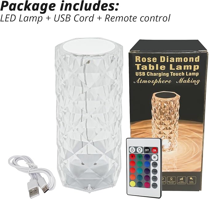 Rose Touch Lamp RGB Night Light, USB Rechargeable Touch Remote Control Crystal Light for Bedroom Living Room Home Decor Colorful Decorative Lights