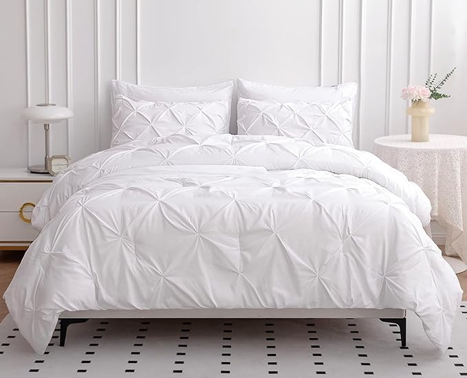 LANE LINEN California King Comforter Set, 7 Piece Cal King Bed in a Bag, Pintuck Cal King Bedding Set, Soft Cali King Bed Set, Cal King Bedding Comforter Sets with Sheets, Pillowcases & Shams - White