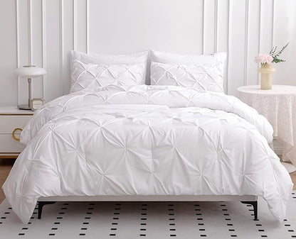 LANE LINEN Twin Comforter Set, 5 Piece Twin Bedding Sets, Ultra Soft Pintuck Twin Bed in a Bag Set with Down Alternative Comforter, Sheets, Pillowcase & Sham, Pinch Pleated Kids Bedding Set - White