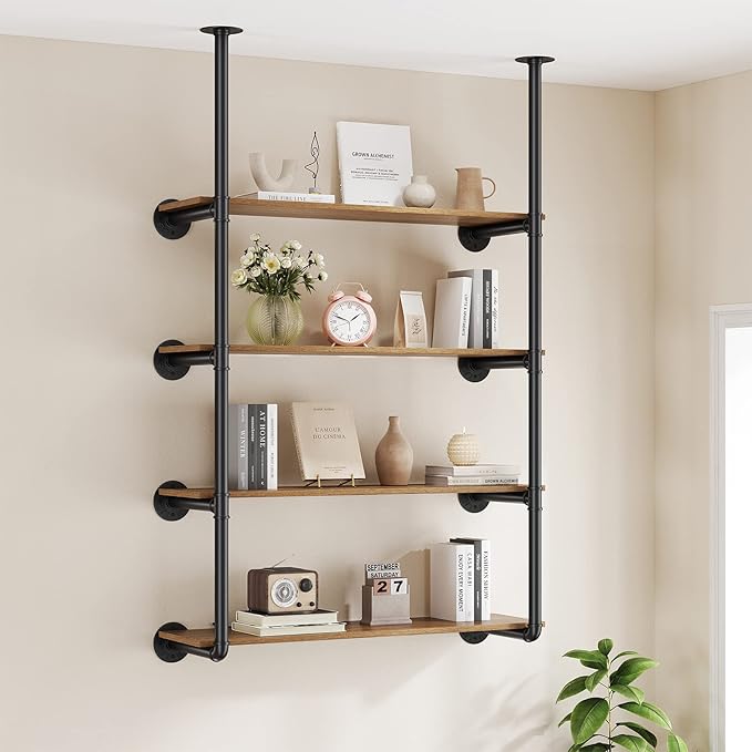 Pynsseu Industrial Iron Pipe Shelf Wall Mount, Farmhouse DIY Open Bookshelf, Pipe Shelves for Kitchen Bathroom, bookcases Living Room Storage, 2Pack of 4 Tier