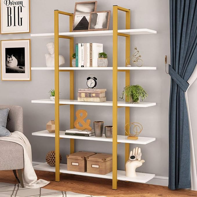 Tribesigns 5-Tier Bookshelf, Vintage Industrial Style Bookcase 70 ‘’ H x 12’’ W x 47’’L, Gold
