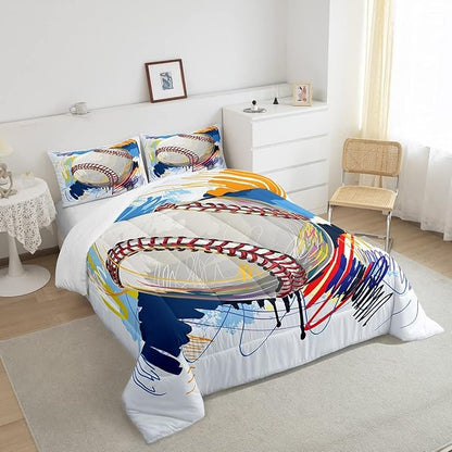 Erosebridal Baseball Comforter Set for Boys Kids King Grunge Graffiti Baseball Bedding Set Sports Theme Bed Comforter Sets Watercolor Hippie Tie Dye Quilt Duvet 2 Pillow Cases Hand Drawn Navy