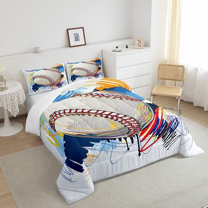 Erosebridal Baseball Comforter Set for Boys Kids Full Grunge Graffiti Baseball Bedding Set Sports Theme Bed Comforter Sets Watercolor Hippie Tie Dye Quilt Duvet 2 Pillow Cases Hand Drawn Navy