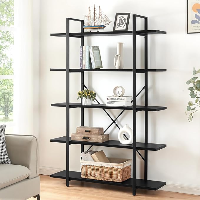 HOMISSUE Bookshelf,5-Tier Bookshelf Industrial Bookcase and Bookshelves,Rustic Storage Rack with Open Shelves for Living Room Bedroom and Kitchen