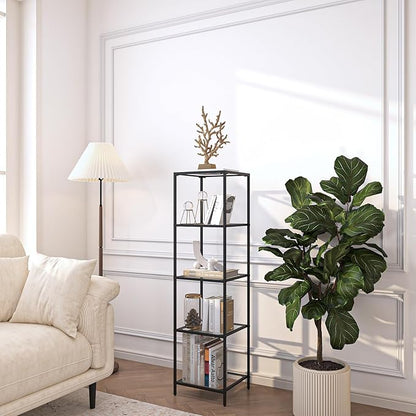 5-Tier Bookshelf,Metal Bookcase,Tempered Glass Shelves,Storage Rack Shelf for Home Office,Living Room,Bedroom, Bathroom,Modern Style, Black