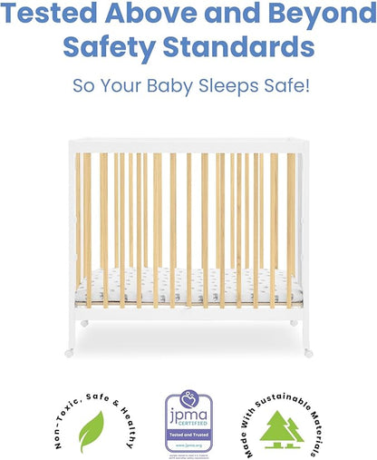 Delta Children Mia Portable Folding Mini Crib with 1.5-Inch Mattress - Greenguard Gold Certified, Bianca White/Natural