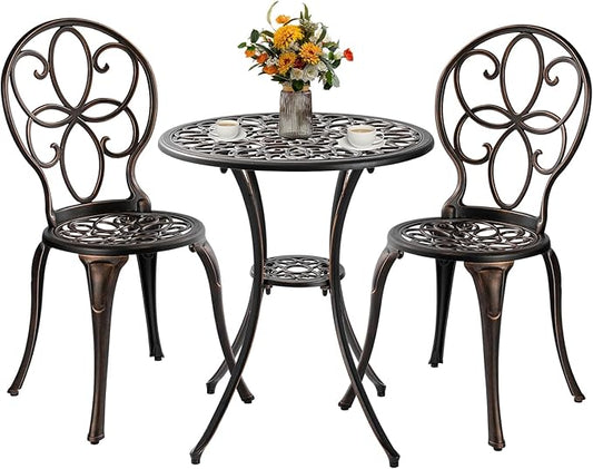Patio Bistro Sets 3 Piece, Outdoor Bistro Table and Chairs Set of 2 with Umbrella Hole, Cast Aluminum Bistro Set, Patio Furniture for Yard Garden Porch, Bronze