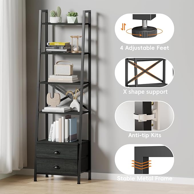 Furologee 5-Tier Ladder Shelf with 2 Drawers,Narrow Bookshelf Storage Shelves,Industrial Bookcase Freestanding Shelf Units for Bedroom,Living Room,Bathroom,Home Office,Balcony,Wood Metal, Black Oak