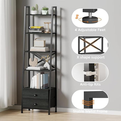 Furologee 5-Tier Ladder Shelf with 2 Drawers,Narrow Bookshelf Storage Shelves,Industrial Bookcase Freestanding Shelf Units for Bedroom,Living Room,Bathroom,Home Office,Balcony,Wood Metal, Black Oak