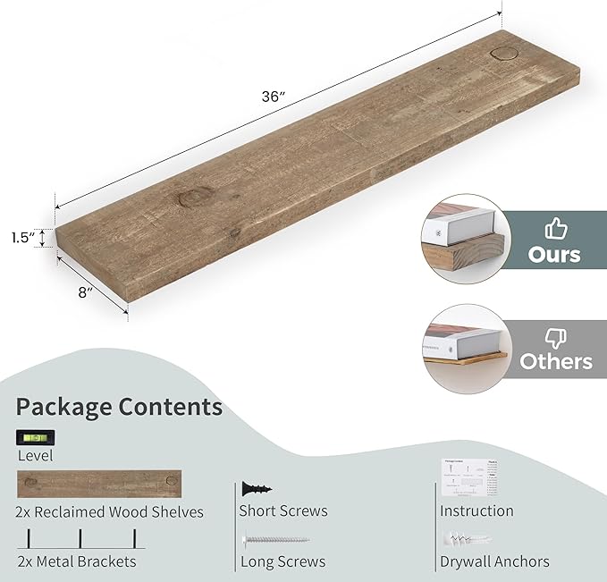 Floating Shelves | 8" Deep Rustic Reclaimed Barnwood Wall Hanging Shelves with Invisible Heavy-Duty Metal Bracket | Wall Mounted | Farmhouse Style | 36 inches, 2 PCs, Distressed Natural