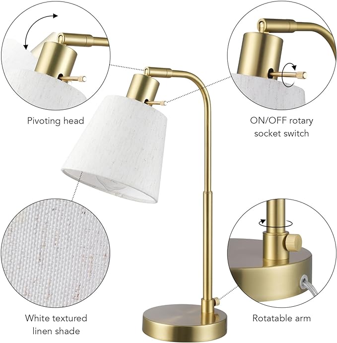 Globe Electric 61000057 16" Desk Lamp, Matte Brass Finish, White Linen Shade, Pivot Joint, On/Off Rotary Switch on Socket, E26 Base Bulb, Lamp for Living Room, Home Office, Home Improvement