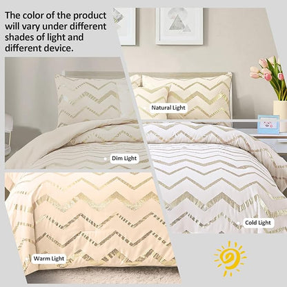 Cream Comforter Set Queen Size Metallic Gold Bedding Set All Season Lightweight Microfiber Comforter for Girls, 4 Piece (2 Pillow Shams + 1 Decorative Pillow Sham)