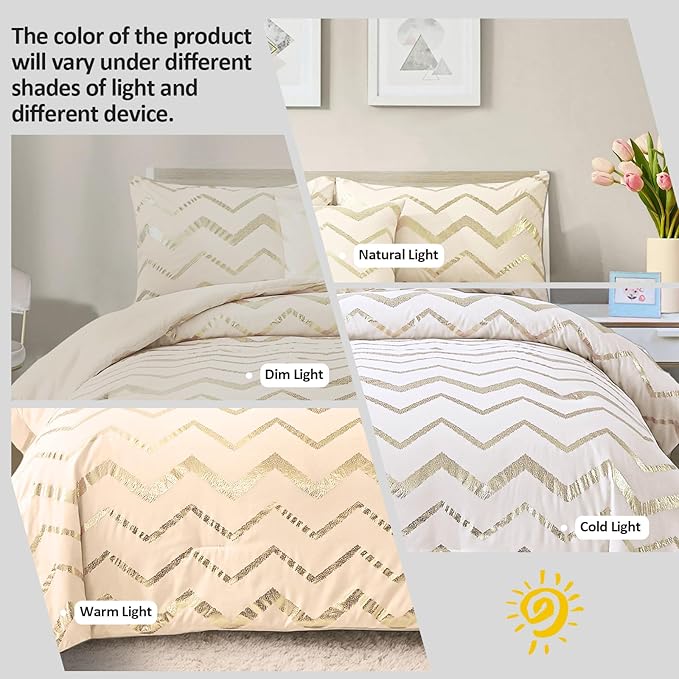 Girls Comforter Set Twin Size Cream Bedding Set Cute Metallic Gold Bed Comforter 3 Piece Lightweight Microfiber Comforter for Kids Teen