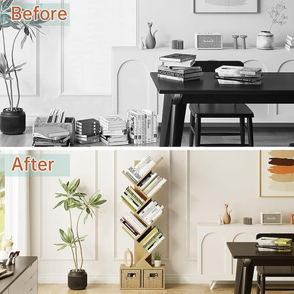 Vagusicc 6 Tier Tree Bookshelf - Retro Shelf Floor Standing Bookcase with Baskets, Tall Wood Book Storage Rack for Books/CDs, Tree Utility Book Organizer Shelves for Living Room, Home Office, Bedroom