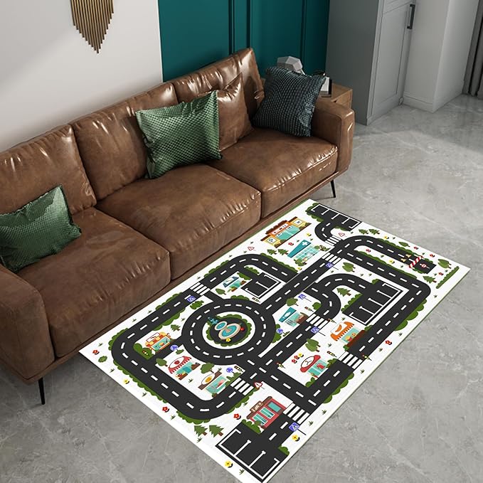 Analog ABC Kids Rug Playroom Car Rug Play Mat City Life Road Rug for Cars Fun City Map for Carpet for Bedroom Boys (55 * 82 inches, Clean City)