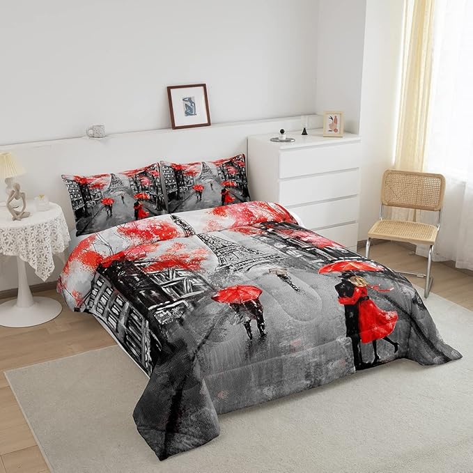 Eiffel Tower Comforter Set King Size for Girls Women Romantic Paris Street Bedding Sweet Couple Lover Red Flowers Floral Quilted Duvet French Style Down Comforter Chic Paris Cityscape Comforter