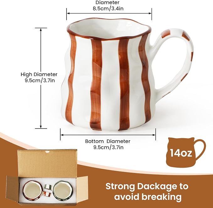 Ceramic Coffee Mugs Set of 2,Ceramic Mugs(Striped),Cute Mugs For Women,14 oz Large Coffee Mugs, Dishwasher Microwave Safe