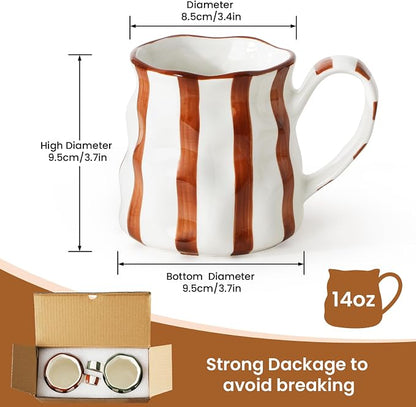Ceramic Coffee Mugs Set of 2,Ceramic Mugs(Striped),Cute Mugs For Women,14 oz Large Coffee Mugs, Dishwasher Microwave Safe