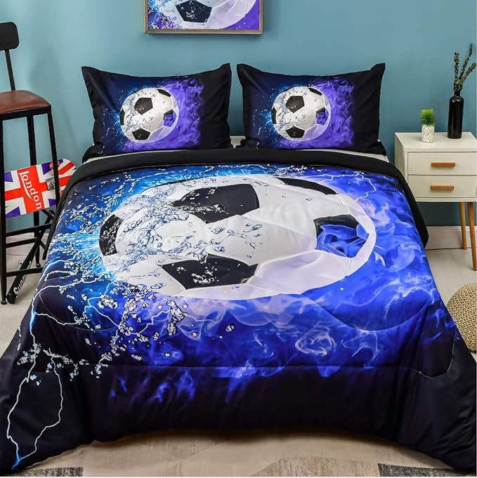 Andency 3D Soccer Comforter Queen(90x90 Inch), 3 Pieces(1 Soccer Comforter, 2 Pillowcases) Blue Flame Soccer Comforter Sport Microfiber Bedding Set for Boy Girl Kids Teens