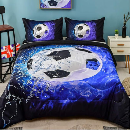 Andency 3D Soccer Comforter Queen(90x90 Inch), 3 Pieces(1 Soccer Comforter, 2 Pillowcases) Blue Flame Soccer Comforter Sport Microfiber Bedding Set for Boy Girl Kids Teens