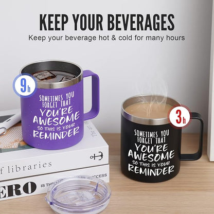 NOWWISH Inspirational 14oz Purple Mug with Handle, Sometimes You Forget You're Awesome Stocking Stuffer for Women, Unique Christmas Birthday Gifts for Her, Mom, Daughter, Wife