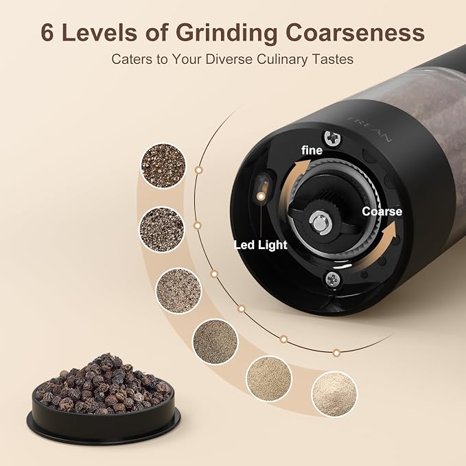 Ultrean Pepper Grinder, Rechargeable Salt and Pepper Grinder with 6 Adjustable Coarseness, LED Light, Automatic Grinder for Kitchen, Home and Kitchen Appliances Birthday Gifts for Women, Black