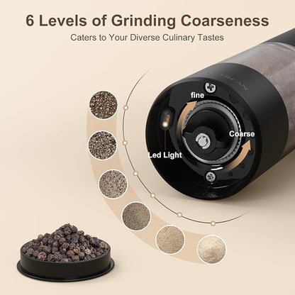 Ultrean Pepper Grinder, Rechargeable Salt and Pepper Grinder with 6 Adjustable Coarseness, LED Light, Automatic Grinder for Kitchen, Home and Kitchen Appliances Birthday Gifts for Women, Black