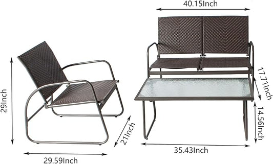 Mapleleaf 4 Pieces Rattan Patio Furniture Set, Outdoor Wicker Conversation Sofa Set, Rattan Chair and Glass Coffee Table for Yard, Pool or Backyard (Brown)