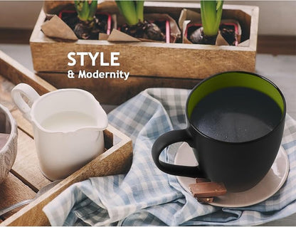 MIAMIO - Coffee Mugs Set of 6 (12 oz) - Le Papillon (Green) - Modern Home | Ceramic coffee mugs for coffee, cappuccino and tea, 12 oz for everyday use - dishwasher safe - practical for daily use
