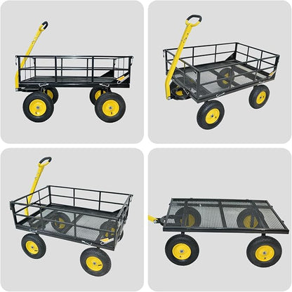 1200 lbs Steel Garden Cart, Heavy Duty Yard Utility Wagon with 10" Pneumatic Tires, Removable Mesh Sides and 180° Rotating Anti-Slip 2-in-1 Convertible Handle