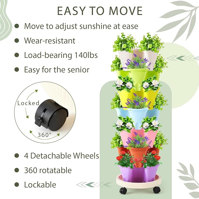 Umigy 2 Set of 7 Tier Vertical Planter Stackable Tower Planters Strawberry Herb Flower and Vegetable Pots Indoor Outdoor Gardening Pots with Removable Wheels and Tools(Macaron)