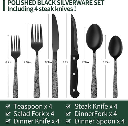 EWFEN 24-Piece Black Silverware Set with Steak Knives, Black Flatware Set for 4, Food-Grade Stainless Steel Tableware Cutlery Set, Mirror Finished Utensil Sets for Home Restaurant, Hammered Edge
