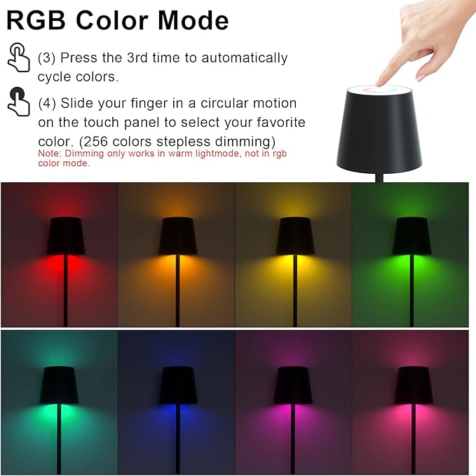 ORALUCE RGB Cordless Table Lamp Rechargeable, LED Battery Operated Desk Lamp with Type-C Charging Port, Multiple Colour Stepless Dimming Touch Lamp for Outdoor Party/Coffee Shop/Camping/Bars, 2 Pack