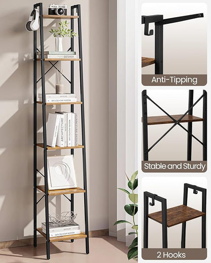 Ladder Shelf, Bookshelf Bookcase, Freestanding Corner Storage Shelve with 2 Hooks for Home Office, Living Room, Kitchen, Bedroom, Industrial, 6-Tier Rustic Brown BC13301B
