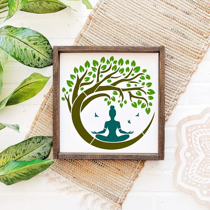 FINGERINSPIRE Tree of Life Stencil with a Paint Brush 11.8x11.8Inch Reusable Yoga Practitioner Stencil PET Birds Yoga Decoration Template Plant Theme Template for Wood Wall Floor Furniture