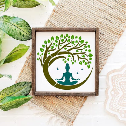 FINGERINSPIRE Tree of Life Stencil with a Paint Brush 11.8x11.8Inch Reusable Yoga Practitioner Stencil PET Birds Yoga Decoration Template Plant Theme Template for Wood Wall Floor Furniture