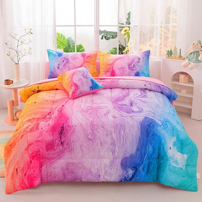 Girls Full Bedding Sets, 6 Pcs Pink Full Szie Comforter Set with Sheets, Watercolor Marble Abstract Art Superior Bedding Set for Girls Kids