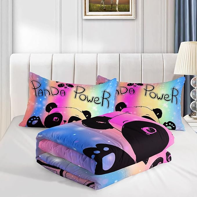 Datura home Bedding Comforter Set Rainbow Kawaii Cute Panda Printed Pattern with 1 and 2 Pillowcases for Girls Bedroom All Season(Panda Full) Full 80x90inches