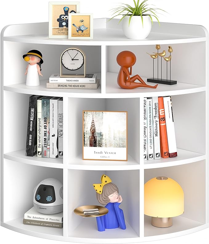 Vecelo 3-Tier Corner Cabinet with 8 Cubbies, Wooden Cube Storage Organizer, Modern Bookshelf Units for Playroom, Bedroom, Living Room,Pearl White