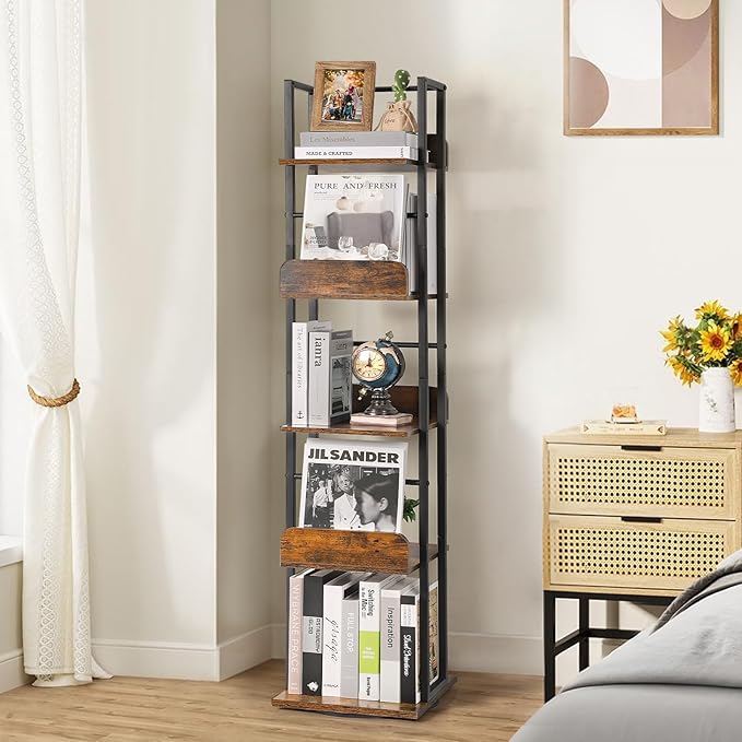 Bikoney Bookshelves 5-Tier, Rotating Bookshelf Tower for Corner, Small Bookcase, Tall Industrial Bookshelf, Narrow Bookshelf, Wood and Metal Black