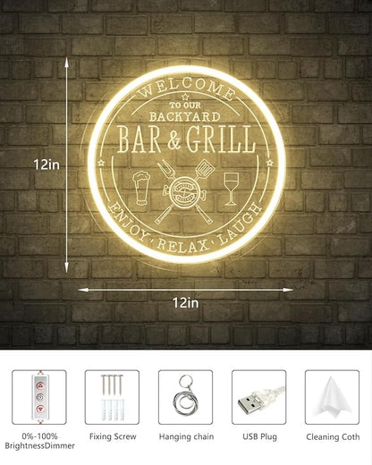 Bar & Grill Neon Sign for Home Bar Wall Art Decor, Dimmable LED Neon Lights Bar and Grill Signs for Backyard Patio Garden Yard BBQ Birthday Party, Grilling Light Up Sign for Housewarming Gifts